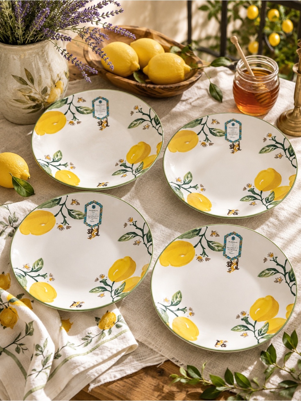 Set of 4 Lemon Bee Dinner Plates 10.5” Hand Painted Ceramic‎ Mediterranean
